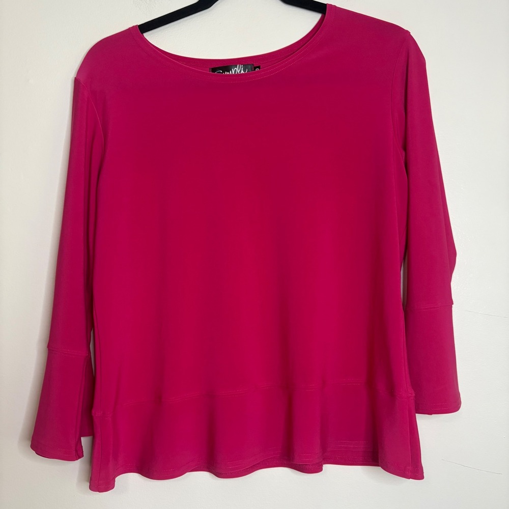 Sympli Peplum Top Size 10 Pink‎ Bell Sleeve Blouse Canadian Made
